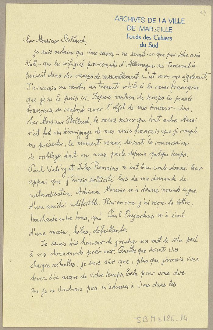 correspondance Walter Benjamin - Jean Ballard fonds Jean Ballard - JBM 126.14 - 1939 Bibliothèque municipale de Marseille - Fonds Patrimoniaux
