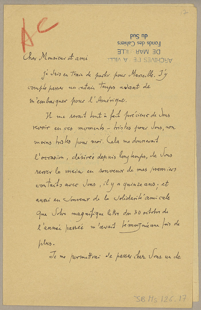 correspondance Walter Benjamin - Jean Ballard fonds Jean Ballard - JBM 126.17 - 1940 Bibliothèque municipale de Marseille - Fonds Patrimoniaux