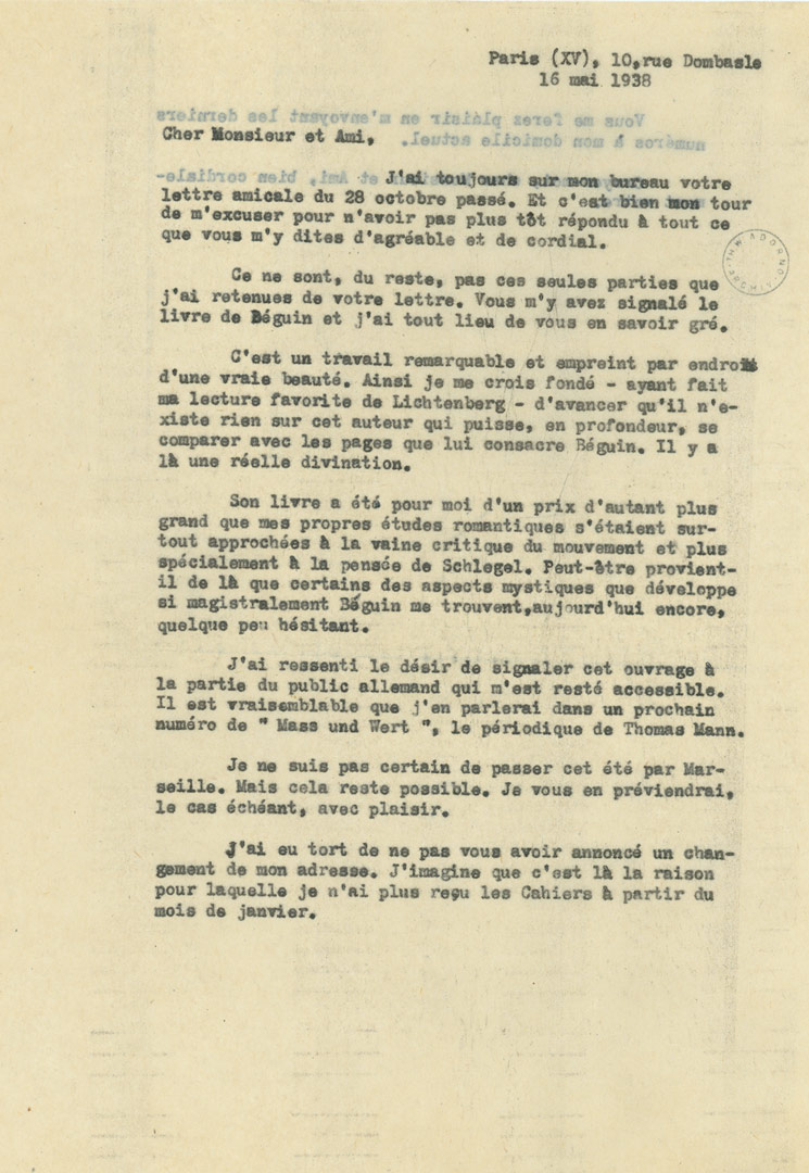 16 mai 1938 - Lettre de Walter Benjamin à Jean Ballard Hamburger Stiftung zur Förderung von Wissenschaft und Kultur / Akademie der Künste, Walter Benjamin Archiv