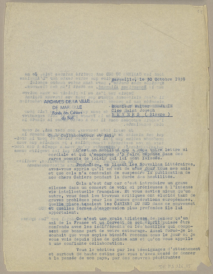 10/1939 - correspondance Walter Benjamin - Jean Ballard fonds Jean Ballard - JBM 126.15 - 1939 Bibliothèque municipale de Marseille - Fonds Patrimoniaux