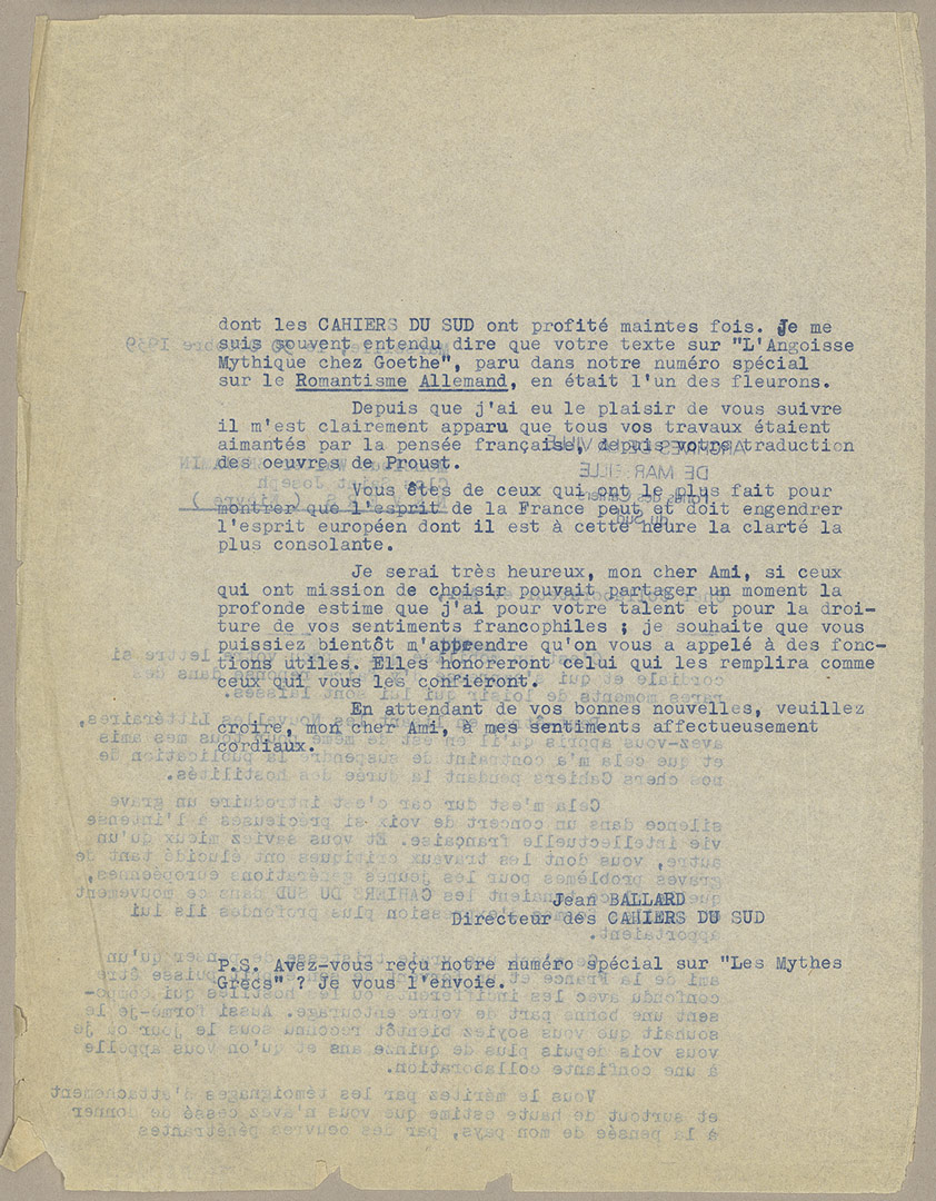 correspondance Walter Benjamin - Jean Ballard fonds Jean Ballard - JBM 126.15 - 1939 Bibliothèque municipale de Marseille - Fonds Patrimoniaux