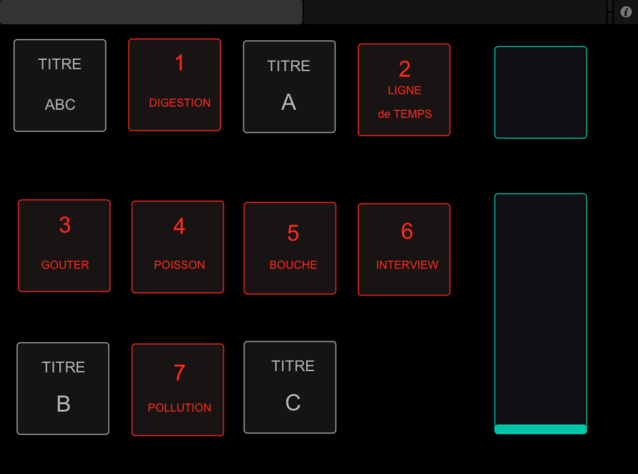 Interface d'Ipad réalisé avec OSC Touch pour piloter les films de la conférence
